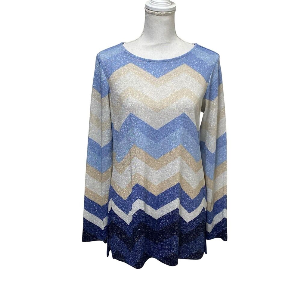 Susan Graver Sweater Womens Small S Chevron Knit Pullover Blue White Metallic